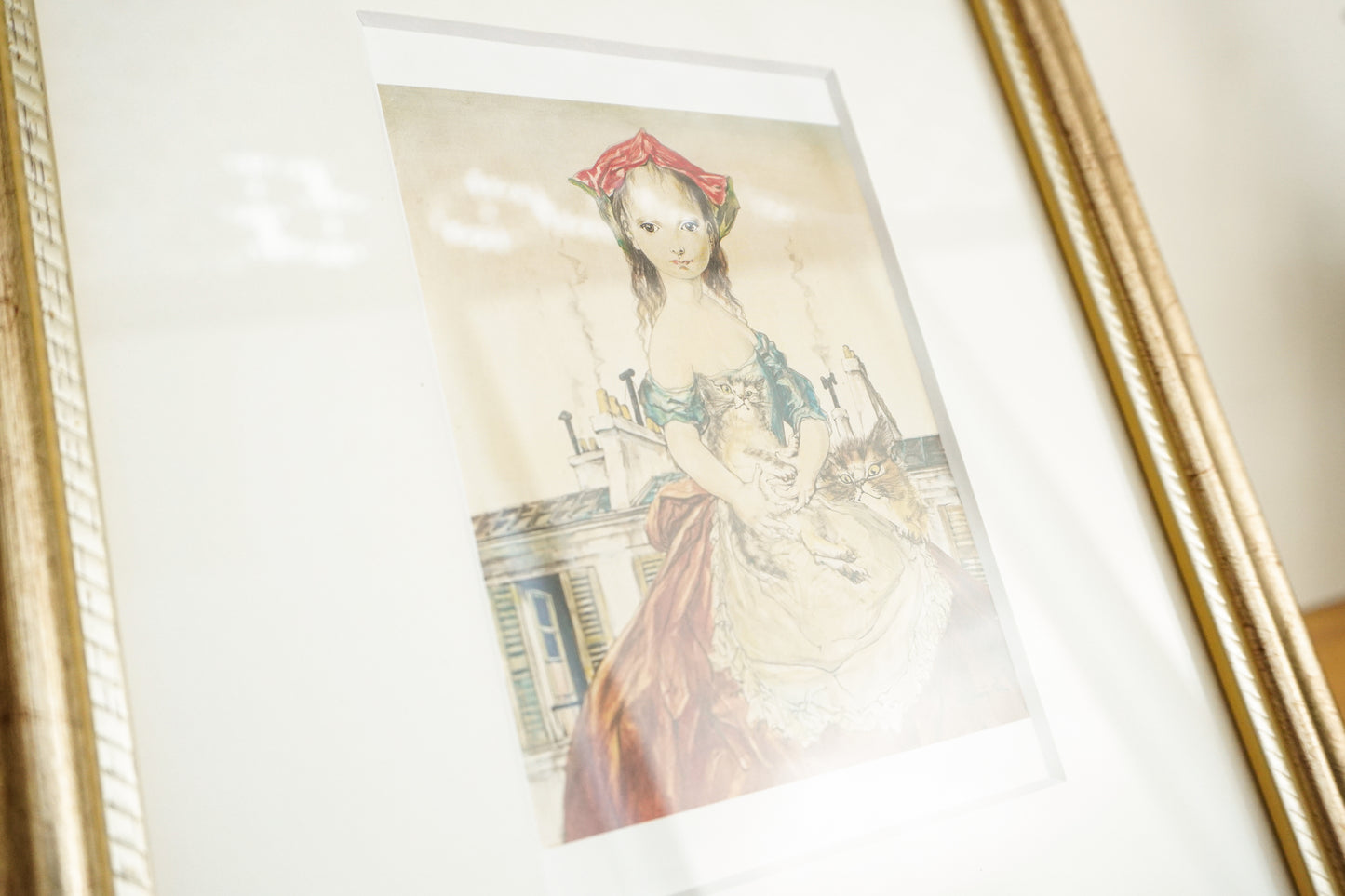 N ポストカード《パリの屋根の前の少女と猫》《少女》2点 ＋ 額2点