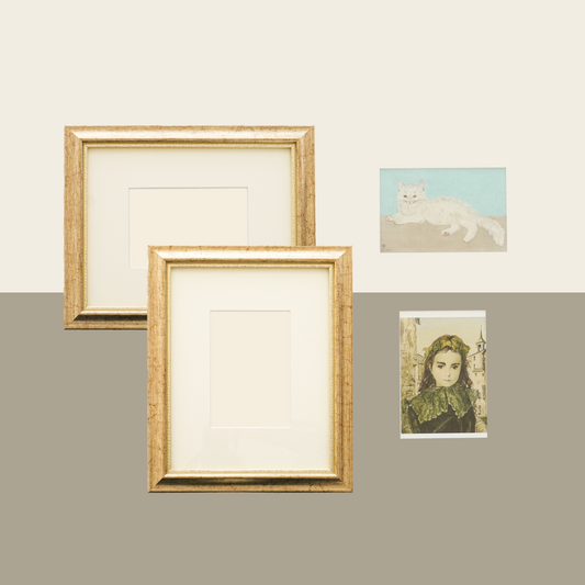 M ポストカード《少女》《横たわる猫》2点 ＋ 額2点