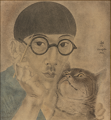 《猫のいる自画像》1926年　コロタイプ・紙　軽井沢安東美術館蔵