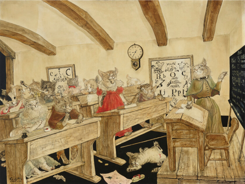 《猫の教室》 1949年　油彩・キャンバス 軽井沢安東美術館蔵